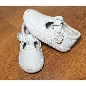 Keds Baby Daphne T-Strap Toddler Shoes White Leather, Size 4 M, Flower Strap